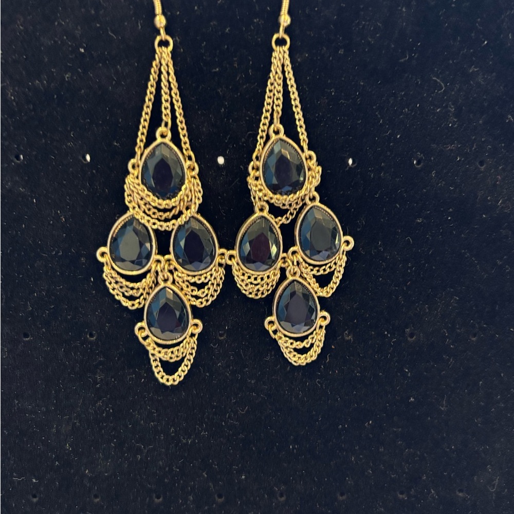 Elegant Gold Tone Earrings with Black Teardrops Whimsy Chandelier Style Jewelry